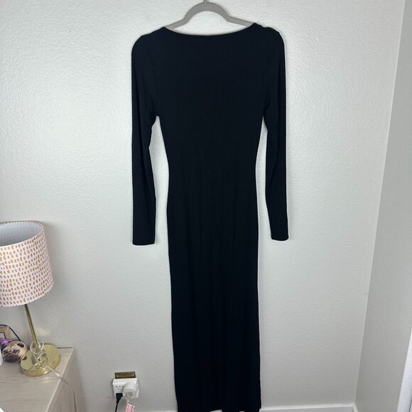 Skims Soft Lounge Long Sleeve Dress L Black Ribbed Onyx Maxi Bodycon Stretch - Picture 9 of 9